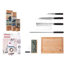 Das Asiatische Deluxe Set 6-teilig (B): 3 Messer (Officemesser + Santoku + Zerkleiner) + 3 Zubehörteile (Bambusschneidebrett + Schleifgewehr + Schärfset Körnung 400/1000)