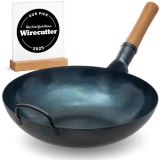 YOSUKATA Flacher Boden Blau Karbonstahl Woks & Wokpfannen 34 cm | Voreingebrannter Wokpfanne - Traditionell Wok für induktionsherd - Kompatibel mit Gas- Elektroherden Grill Induktion Feuer