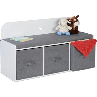 Relaxdays Kinderbank mit Stauraum, HBT: 54 x 99 x 35 cm, Kinderzimmer und Flur, Sitzbank gepolstert, Flurbank, weiß/grau