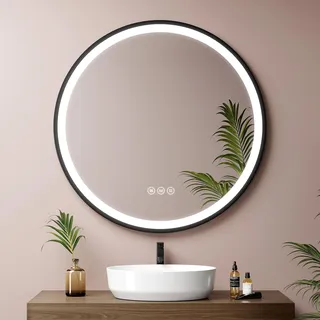 EMKE LED Badspiegel Rund 80 cm Durchmesser LED Spiegel Badezimmerspiegel mit Beleuchtung 3 Lichtfarbe 3000-6500K Kaltweiß Neutral Warmweiß Dimmbar Lichtspiegel mit Beschlagfrei und Touchschalter IP44 Energiesparend (Schwarz Design) - Schwarz