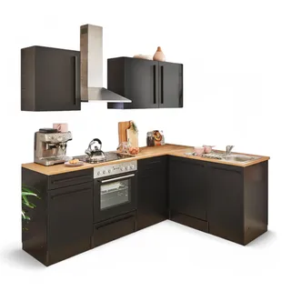 Jazz 8 Moderne Eckküche ohne Elektrogeräte in Schwarz matt, Lanzelot Eiche Optik - Geräumige Küchenzeile in L-Form mit viel Stauraum - 220 x 211 x 60 cm (B/H/T)
