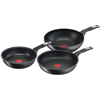 Tefal Pfannenset , Schwarz , Metall , 3-teilig , rund , backofengeeignet, besonders hoher Rand, antihaftbeschichtet, ergonomischer Griff, schadstofffrei gemäß EU-Standards , Kochgeschirr, Pfannen, Pfannensets