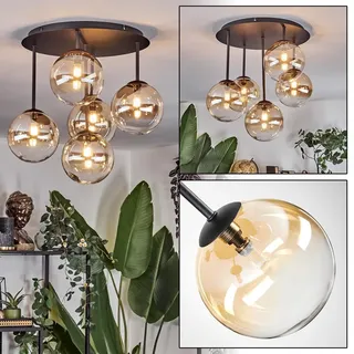 HOFSTEIN Deckenleuchte Chehalis, 5-flammige Deckenlampe aus Metall/Glas in Schwarz/Bernstein/Klar, Leuchte im Retro/Vintage-Design (Schirme Ø 15 cm), G9, Esszimmer, Wohnzimmer, Schlafzimmer, Küche