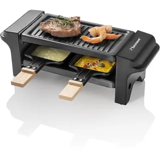 Bestron Raclette für 1 bis 2 Personen, Mini Tischgrill mit zwei Pfännchen, zwei Holzschabern & zwei Untersetzern, 350 Watt, Farbe: Schwarz