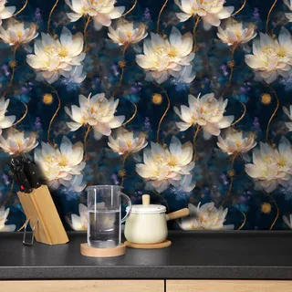 Livelynine Tapete Selbstklebend Blau mit Blumen Weiß Gold 44.5CMx7M Klebefolie Möbel Beige Blumen Selbstklebende Tapete Schlafzimmer Flur Blumentapete Vintage Rosa Weiß Beige Floral Mustertapete Blume