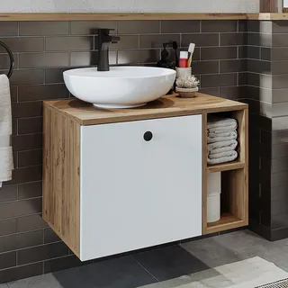 Roomart LOTUS-I-65 Badmöbel-Set 2-teilig 65 cm breit, Weiß-Eiche - Hellbraun