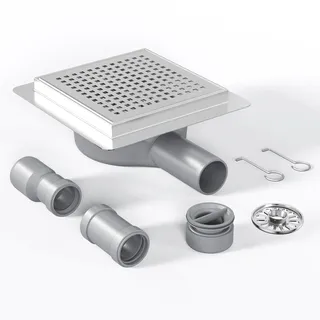 Neodrain Bodenablauf Dusche Edelstahl Duschrinne mit 360° Siphon, Geruchsverschluss, Haarsieb und 2 Ablaufadapter, Ablaufrinne Duschablauf 15 x 15 cm