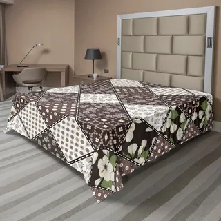 ABAKUHAUS Retro Bettlaken, Patchwork mit Polka Dots Hibiskusblüten und authentische Runden altmodischen Design, weiches bequemes oberes Bettlaken für ein dekoratives Bett 1 Stück 244 cm x 205 cm, Beige Braun