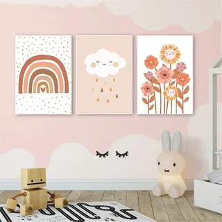 EXQULEG 3er Set Poster Kinderzimmer Regenbogen Wolken Blumen Bilder Ohne Rahmen,Bilder Babyzimmer DIN A4 Boho Deko Junge Mädchen (A)