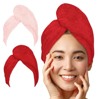 LUXTOGO® Haarturban-Premium Haarhandtuch (430 g/m2)–aus 100% Baumwolle, Hochwertiges Turban Handtuch mit Knopf und Gummizug, Super Saugfähiges Kopfhandtuch (Rosa+Rot)