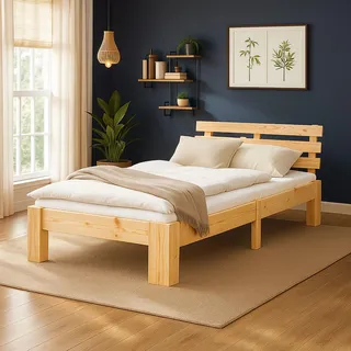 Massivholzbett 90x200 cm Kiefer Natur – Bett mit Matratze | Einzelbett Jugendbett Kinderbett Gästebett | Homestyle4u - Braun