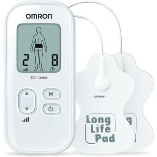 Omron E3 Intense TENS-Gerät – Anpassbare Schmerztherapie mit 6 Programmen, 3 Massage Programmen, 15 Intensitätsniveaus und langlebigen, wiederverwendbaren und waschbaren Pads