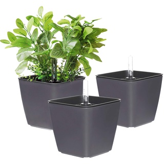 T4U 13cm Blumentopf Plastik Schwarz mit bewässerungssyste mit Anzeiger Eckig Pflanztopf dunkelgrau 3er-Set, Selbstwässernde wasserspeicher für blumentöpfe,übertöpfe für Zimmerpflanzen