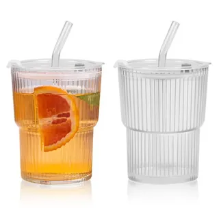 Zuxbolf 2 Stück Glasbecher mit Deckel & Strohhalm 400ml Geriffelte Matcha Gläser Eiskaffee Trinkbecher Kaffeegläser Luftdicht Smoothie Becher Kaffeebecher Trinkglas Teetassen für Cappuccino Latte