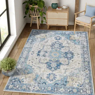 TOPICK Teppich 80x120cm Fußmatte Waschbar Fussmatte Innen Kurzflor Retro Blau Blume Orientalischer Teppich Antibakterieller Faltbar rutschfest Dünn Türmatte für Eingangs Küche Flur Schlafzimmer