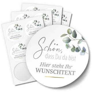 24 PERSONALISIERTE Aufkleber Schön dass Du da bist individualisiert anpassbar mit Ihrem Wunschtext Etiketten rund 4cm, Eukalyptus Boho
