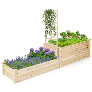 FANTASK Hochbeet mit Rankgitter, Blumenkasten mit Spalier, Pflanzkasten aus Tannenholz, Gartenspalier mit Rankkasten, Natur (223x64x134 cm)