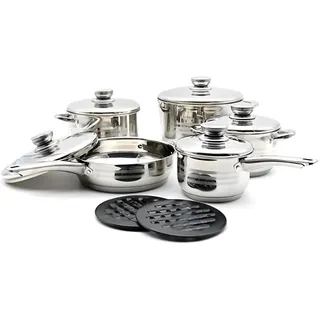 Topfset aus Edelstahl bestehend aus Kasserolle, Pfanne, Topf und Deckel – ideal zum Kochen verschiedener Gerichte auf jeder Art von Herd, auch Induktion.