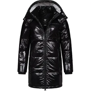 Ragwear Warmer Damen Wintermantel Shiny Steppmantel aus glänzendem Material mit Kapuze Roobie Long YOUMODO Black Gr. XL (42), schwarz, Obermaterial: 100% Nylon; Innenfutter: 100% Polyester; Wattierung: 100% Polyester, gerade ca.