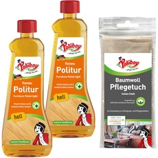 POLIBOY fixneu Politur hell - Möbelpolitur für helle lackierte Hölzer - farbauffrischende Holzpolitur - 2x 500ml - Mit Baumwolltuch - Made in Germany