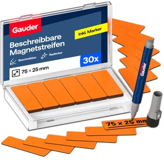 GAUDER Magnetetiketten beschreibbar - Wiederverwendbare Magnetschilder zum Beschriften für Whiteboard, Tafel, Kanban-Board und Kühlschrank - Magnetkarten mit Marker (30 Stück - 75 x 25 mm)