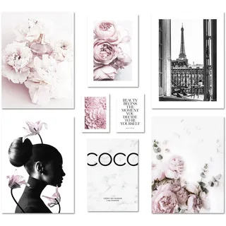 ARTFAVES® Poster Set - COCO - mehrteilige Wanddeko Wohnzimmer & Schlafzimmer - 8 moderne Wandbilder Rose, Fashion, rosa, pink, Glamour, Lifestyle, Blumen, Parfum, Mädchen - ohne Bilderrahmen