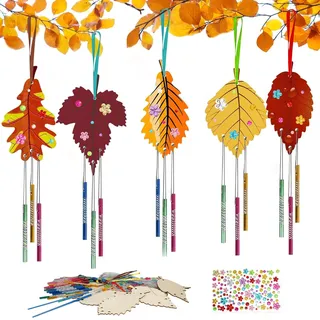 Huahuanghui Herbst Basteln Kinder 12 Stück, Ahornblatt Windspiel Bastelset mit Pinsel/Edelsteinaufkleber, Holz Deko Hänger Herbst, Herbst Holzanhänger zum Bemalen, Geschenke für Mädchen Junge
