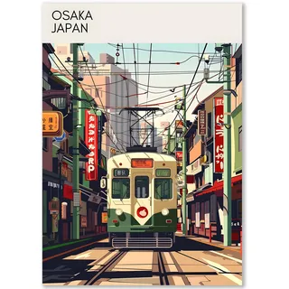 Happymotive Städteposter | Osaka Japan Retro Poster Vintage | Schlafzimmer Deko Bild im Hochformat | Bilder Wohnzimmer | Kunstdrucke in DIN A2, DIN A3, DIN A4 300g Papier ohne Rahmen