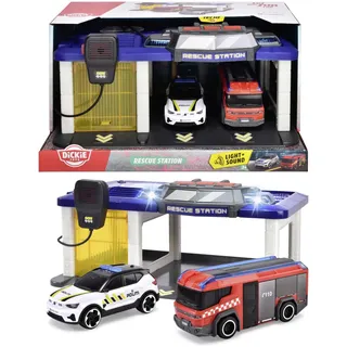 DICKIE Toys 203716026007 - Norwegische Rettungsstation mit Polizeiauto und Feuerwehrauto - Rettungsstation mit Licht, Sound, Einschließlich Norwegischer Polizeiauto und Feuerwehrfahrzeug, 31 x 22 x 16