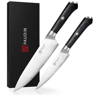 PAUDIN Messerset 2 teilig Küchenmesser Set Kochmesser 20 cm und Allzweckmesser 12,7 cm profi scharf aus hochwertigem Edelstahl 10Cr15CoMoV mit einer Härte von 62 HRC mit ergonomischem Holzgriff