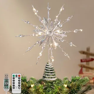Lewondr Christmas Tree Topper, 12.2'' Metall Xmas Star Tree Topper mit 20 LED-Birnen, USB Powered Glittered 12-zackige Baumspitze für Weihnachtsschmuck, Fernbedienung, 6H Timer, 8 Licht-Modi, Silber