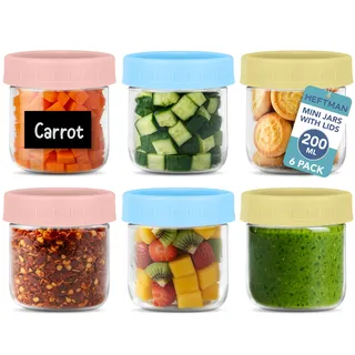 HEFTMAN Kleine Frühstückstöpfe mit Deckel, 6 x 200 ml, kleine Vorratsdosen mit Deckel für Lunchbox, Saucen, Obst, luftdichtes Glas, Übernachtung, Hafergläser für Kühlschrank, Speisekammer (200 ml, 6
