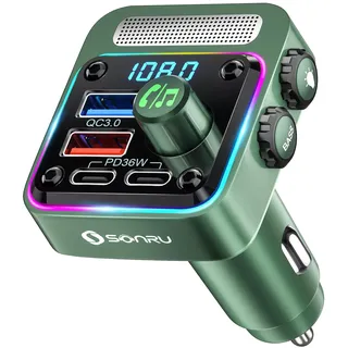 SONRU FM Transmitter Bluetooth 5.3 Adapter Auto, Bass & HiFi Stereo Freisprechanlage Mit [PD 36W & QC 3.0 18W] Schnelles Autoladegerät