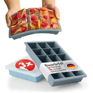 Blumtal Eiswürfelformen Silikon 3er Set - 15er Eiswürfelform mit Deckel - BPA-freie Silikon Eiswürfelform - Ice Cube Tray lebensmittelecht - Ice Tray - Graublau + Graublau + Hellblau