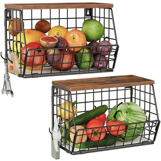 CHOEZON 2er-Set Obstkörbe, stöckige Obstkörbe hängend mit Deckel, Hängekörbe Küche, Metall-Gemüsekörbe, Küchenkörbe, mit beweglichen Haken für Bananen und Tassen, Vintage Braun und Schwarz DTCW02P2BF