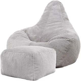 I.C.O.N. Icon Dalton Sitzsack mit Hocker, Grau, Sitzsack Sessel, Cord Sitzsack, Sitzsack Erwachsene mit Füllung, Lounge Sessel, Sitzsack Schlafzimmer, Sitzsack Wohnzimmer