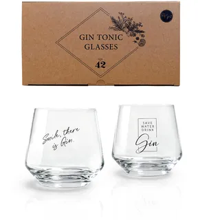 Gin Tonic Gläser - 2er Geschenkset mit typischen Gin Sprüchen | 2 x 400 ml | Gin Gläser Set | Geeignet für große Eiswürfel | Spülmaschinengeeignet | Geschenkidee für Frauen und Männer