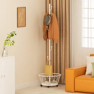 Neohomee Garderobenständer Metall Kleiderständer Stabil mit 6 Haken, Hängekorb, Räder Weiß Garderobe für Mäntel, Jacken, Taschen