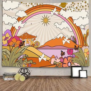 TOMOZ Vintage 70er 60er Jahre Groovy Tapisserie, Retro Blumen Wolken Sonne und Regenbogen Tapisserie Wandbehang, Orange Boho Ästhetischer Wandteppich für Schlafzimmer Wohnzimmer Wohnheim Dekor 152,4 x