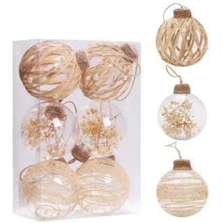Weihnachtskugel Set 6 Stück, 8 cm Klare Boho Weihnachtskugeln Kunststoff | Beige Weihnachtsbaumschmuck, Hängende Christbaumkugeln, Christmas Decorations Ornamente