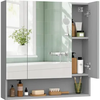 VASAGLE Kailyn Kollektion - Badezimmerschrank mit 3 Türen, Spiegelschrank, Badschrank, offenes Fach, verstellbare Ablagen, 16,5 x 70 x 75 cm, Taubengrau BBK129G01