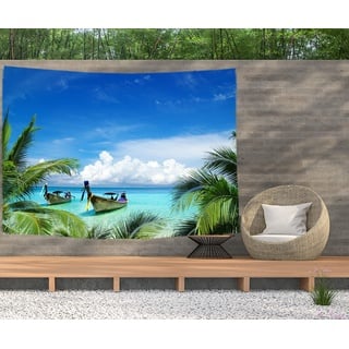 Ulticool – Strand Meer Boot Palme Natur - Wandteppich Poster - 200x150 cm - Gartenposter - Wandteppich groß – Dekoration Zubehörteil für Garten und Wohnzimmer