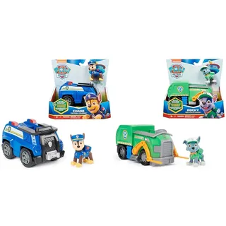 PAW PATROL, Polizei-Fahrzeug mit Chase-Figur & Recycling-Truck mit Rocky-Figur (Sustainable Basic Vehicle/Basis Fahrzeug), Spielzeug für Kinder ab 3 Jahren