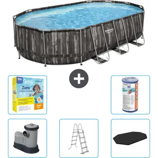 Bestway Oval Power Steel Swimmingpool – 610 x 366 x 122 – Grau – inklusive Pumpe – Leiter – Abdeckung Wartungspaket - Filter