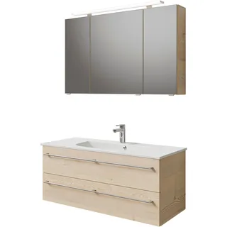 Saphir Badmöbel-Set "Serie 6025 2-teilig Mineralmarmor-Waschtisch mit LED-Spiegelschrank" 2 Stk. tlg., polar pinie quer nb