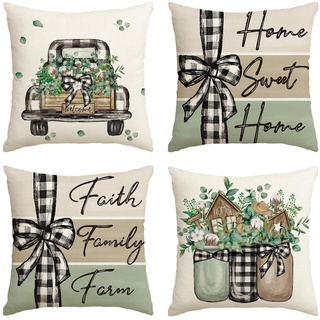 Artoid Mode Büffelkaro Fliege Vase LKW Frühling Kissenbezüge 4er Set, 45x45 cm Hause Sommer Zierkissenbezug Cushion Cover Couch Wohnzimmer Deko