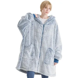 BEDSURE Hoodie Decke mit Ärmeln - Kuscheldecke mit Ärmeln übergroße Pullover Mit Reißverschluss, Sherpa Kuschelpullover Loungewear Sweatshirt Lang, Weihnachtsgeschenke für Frauen Herren Damen, Blau