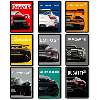 9 Stück Auto Posters, Supercar Poster, Supersportwagen Wall Art für Jungen und Männer, Schlafzimmer, Rennwagen-Wandkunst für Büro Wohnzimmer, Wohnzimmer, Geschenk für Autoliebhaber, Jugendliche