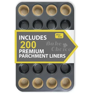 Bake Choice Mini Muffinform für 24 Cupcakes,mit 200 Natürlichen Mini-Cupcake-Förmchen,Cupcake-Formen mit Antihaftbeschichtung,Backzubehör aus Karbonstahl,für Party & Backen