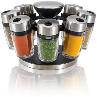 Cole & Mason Cambridge Gewürzregal mit 8 Gewürzgläsern, 360 Gewürzkarussell/Gewürzregal Stehend, Edelstahl/Glas, Gewürze/Kräuter enthalten